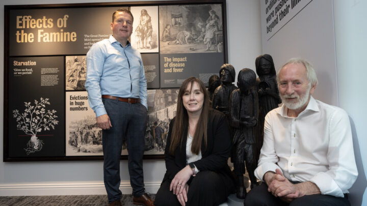 Dermot Friel, Cathy O'Neill and Kieran Tuohy sculptor at the launch of Gorta, Swatragh’s Famine Story visitor centre